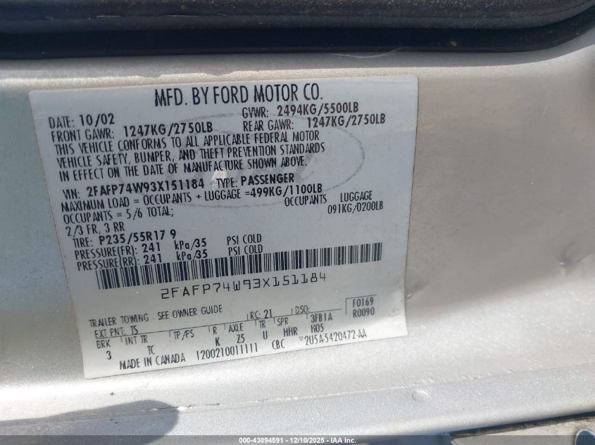 2003 Ford Crown Victoria Lx VIN: 2FAFP74W93X151184 Lot: 43894591