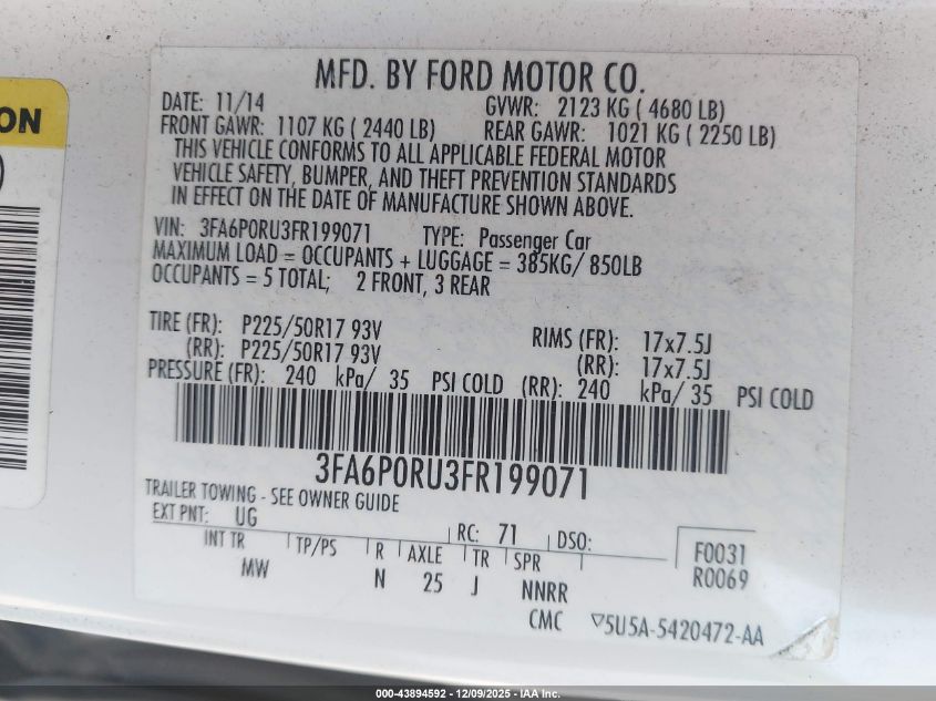 2015 Ford Fusion Hybrid Titanium VIN: 3FA6P0RU3FR199071 Lot: 43894592