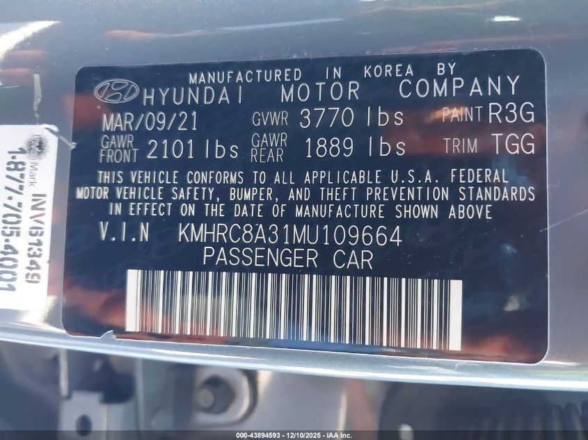 2021 Hyundai Venue Sel VIN: KMHRC8A31MU109664 Lot: 43894593