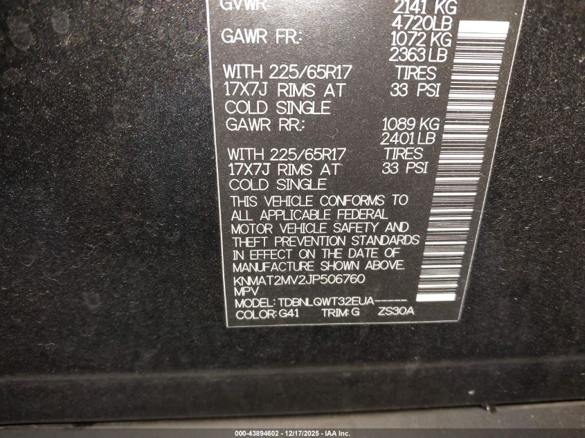 2018 Nissan Rogue Sv VIN: KNMAT2MV2JP506760 Lot: 43894602