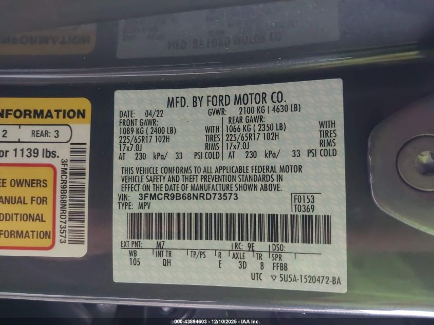 2022 Ford Bronco Sport Big Bend VIN: 3FMCR9B68NRD73573 Lot: 43894603