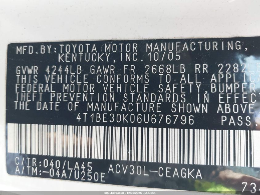 2006 Toyota Camry Xle VIN: 4T1BE30K06U676796 Lot: 43894608