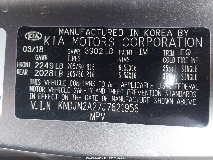 2018 Kia Soul VIN: KNDJN2A27J7621956 Lot: 43894617