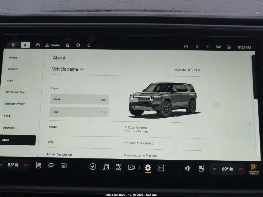 2025 Rivian R1S Adventure Dual Motor Large Pack/Adventure Dual Motor Max Pack VIN: 7PDSGBBA5SN048680 Lot: 43894620