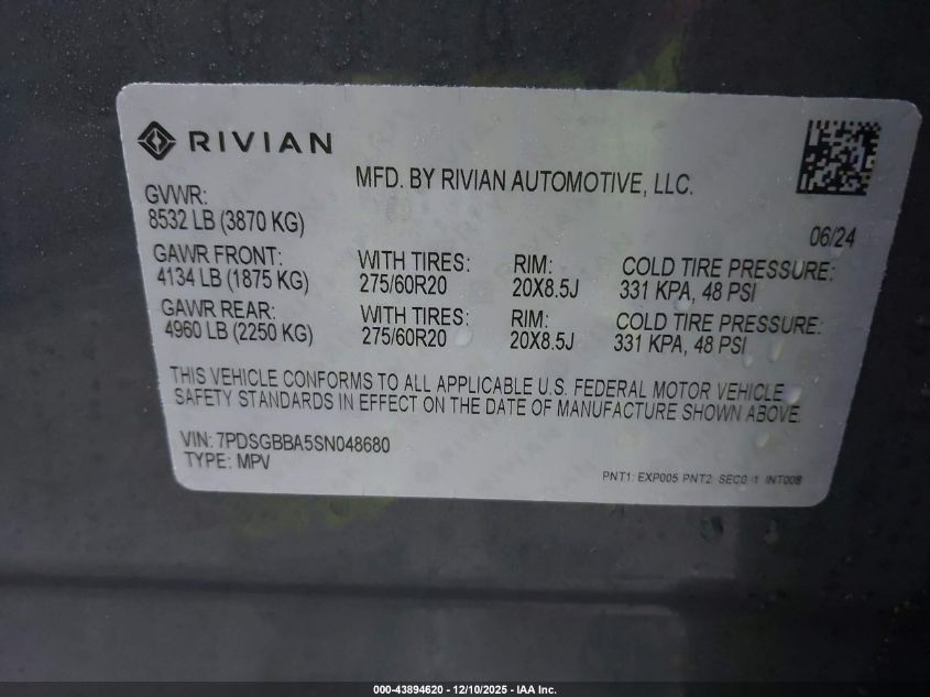 2025 Rivian R1S Adventure Dual Motor Large Pack/Adventure Dual Motor Max Pack VIN: 7PDSGBBA5SN048680 Lot: 43894620