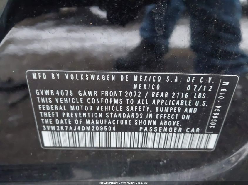 2013 Volkswagen Jetta 2.0L S VIN: 3VW2K7AJ4DM209504 Lot: 43894629