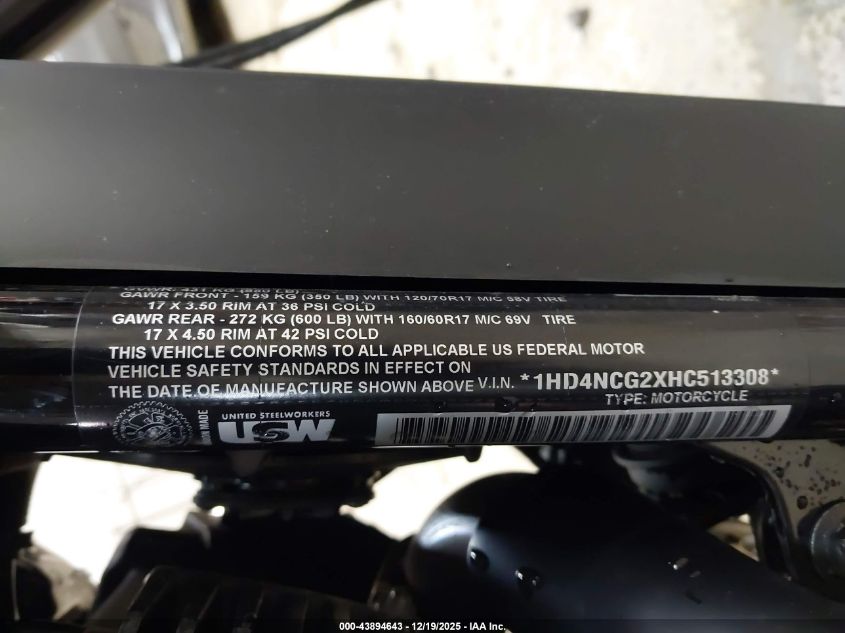 2017 Harley-Davidson Xg750A A VIN: 1HD4NCG2XHC513308 Lot: 43894643