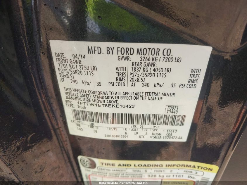 2014 Ford F-150 Fx4 VIN: 1FTFW1ET6EKE16423 Lot: 43894644