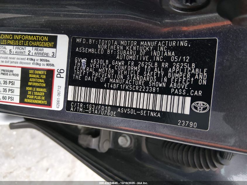 2012 Toyota Camry Le VIN: 4T4BF1FK5CR223381 Lot: 43894645