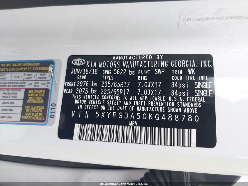 2019 Kia Sorento 3.3L Lx VIN: 5XYPGDA50KG488780 Lot: 43894647