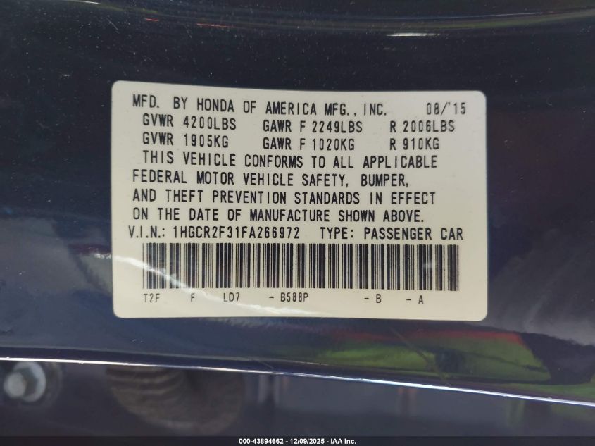 2015 Honda Accord Lx VIN: 1HGCR2F31FA266972 Lot: 43894662
