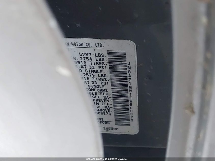 2014 Nissan Murano S VIN: JN8AZ1MW1EW508873 Lot: 43894663