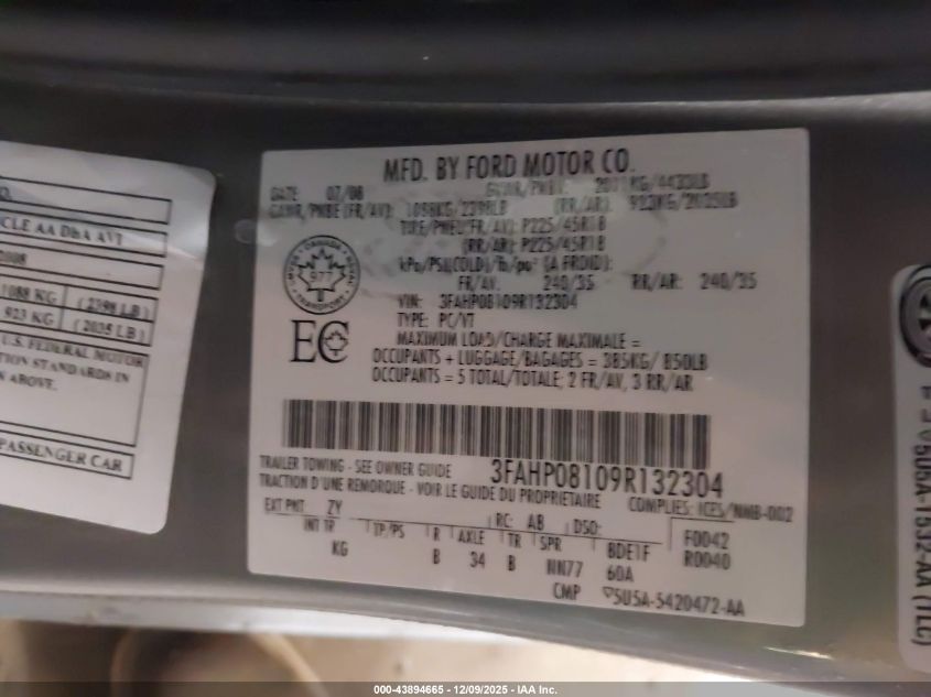 2009 Ford Fusion Sel VIN: 3FAHP08109R132304 Lot: 43894665