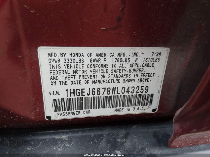 1998 Honda Civic Lx VIN: 1HGEJ6678WL043259 Lot: 43894667