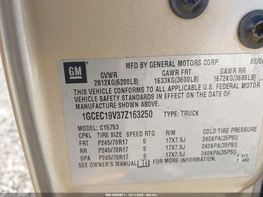 2007 Chevrolet Silverado 1500 Classic Lt1 VIN: 1GCEC19V37Z163250 Lot: 43894671