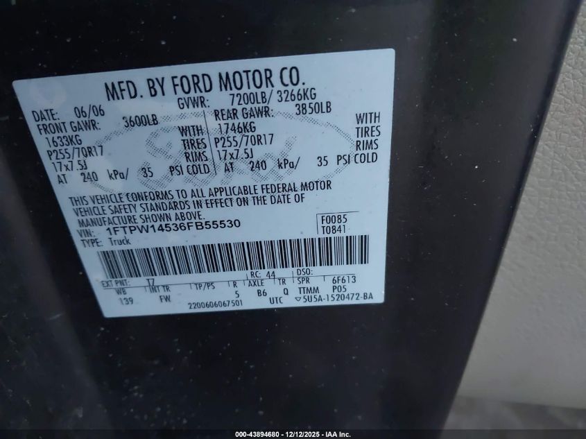 2006 Ford F-150 Fx4/Lariat/Xlt VIN: 1FTPW14536FB55530 Lot: 43894680