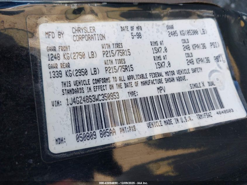 1998 Jeep Grand Cherokee Laredo VIN: 1J4GZ48S3WC350953 Lot: 43894690