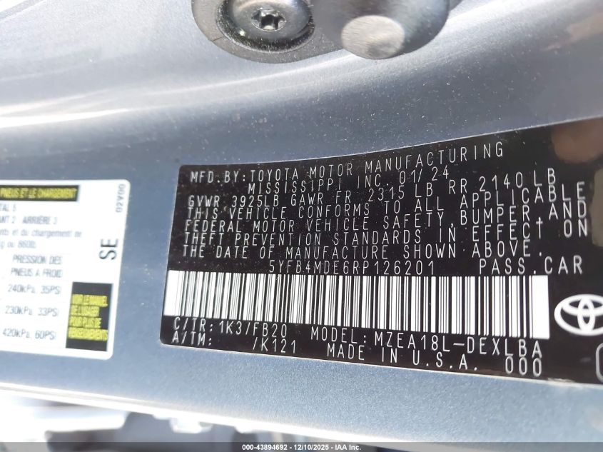 2024 Toyota Corolla Le VIN: 5YFB4MDE6RP126201 Lot: 43894692