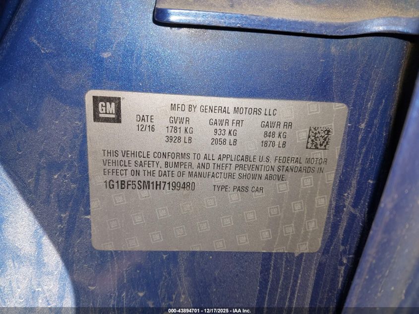 2017 Chevrolet Cruze Premier Auto VIN: 1G1BF5SM1H7199480 Lot: 43894701
