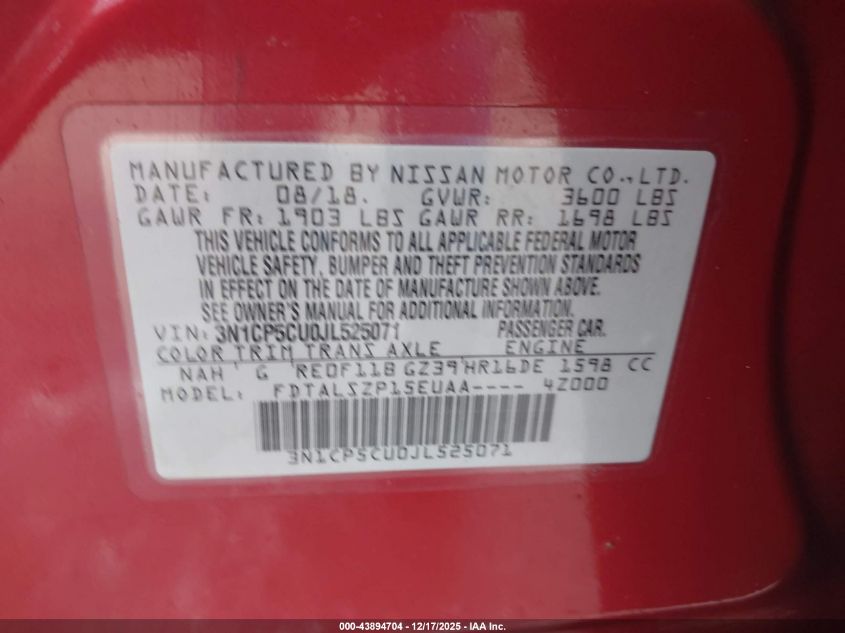 2018 Nissan Kicks Sv VIN: 3N1CP5CU0JL525071 Lot: 43894704