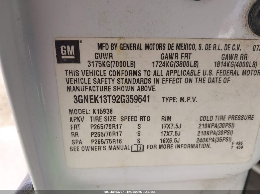 2002 Chevrolet Avalanche 1500 VIN: 3GNEK13T92G359641 Lot: 43894707