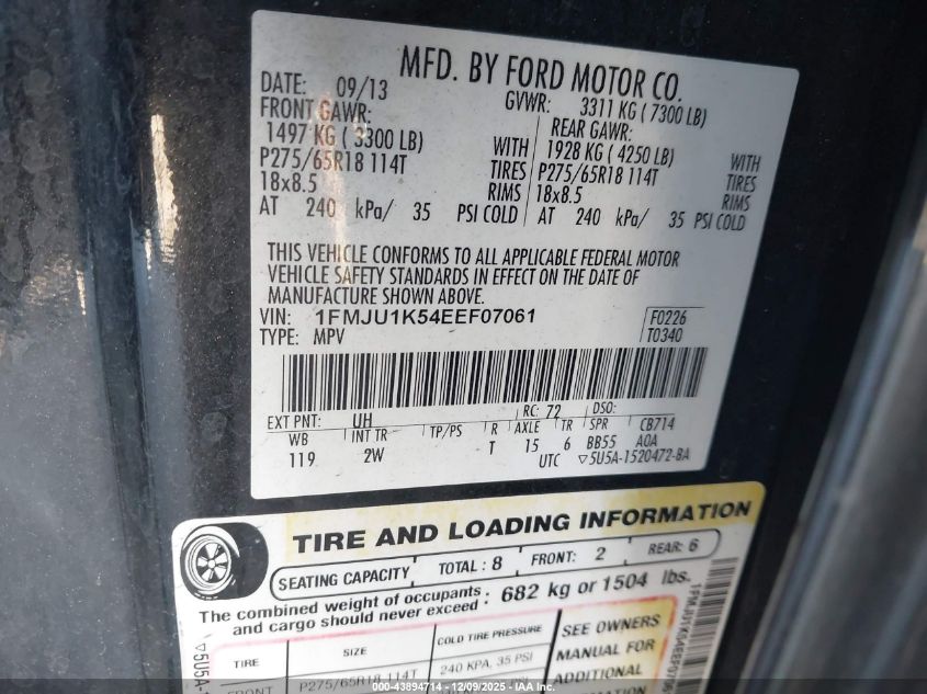 2014 Ford Expedition Limited VIN: 1FMJU1K54EEF07061 Lot: 43894714