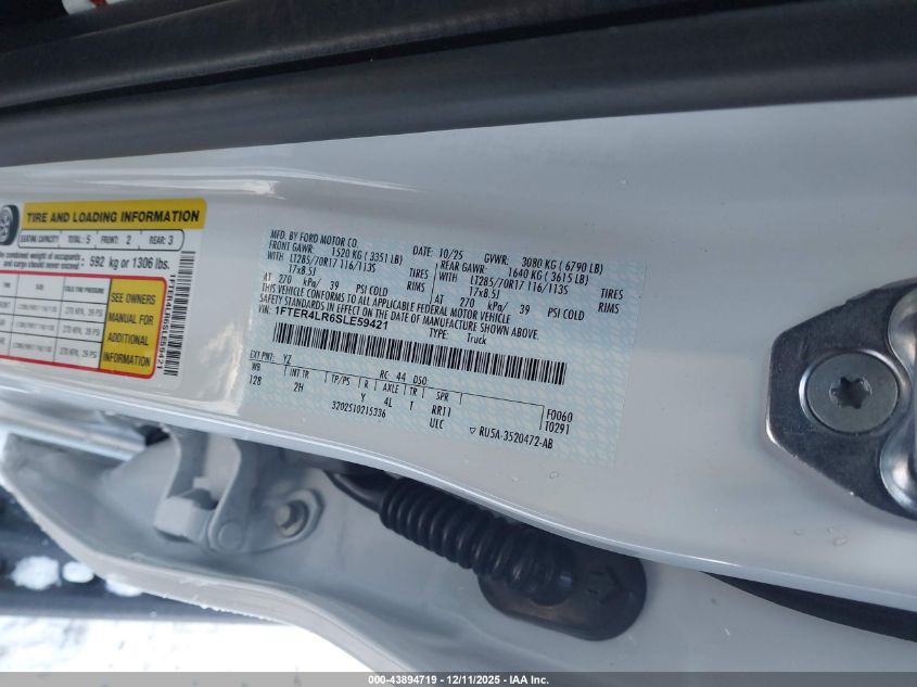 2025 Ford Ranger Raptor VIN: 1FTER4LR6SLE59421 Lot: 43894719