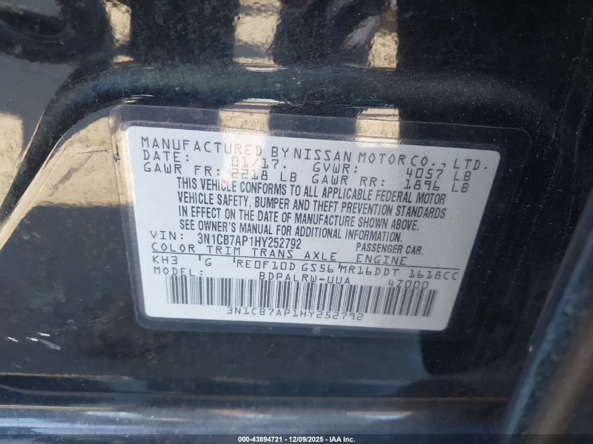 2017 Nissan Sentra Sr Turbo VIN: 3N1CB7AP1HY252792 Lot: 43894721