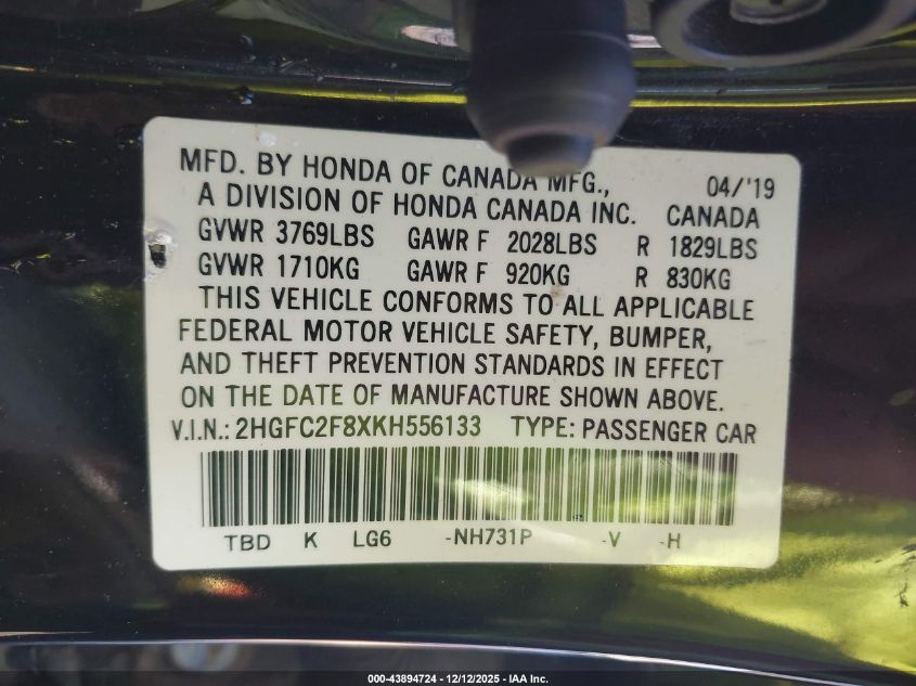 2019 Honda Civic Sport VIN: 2HGFC2F8XKH556133 Lot: 43894724