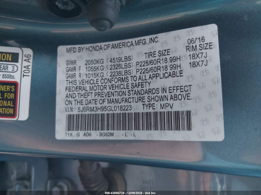 2016 Honda Cr-V Touring VIN: 5J6RM3H95GL018223 Lot: 43894734