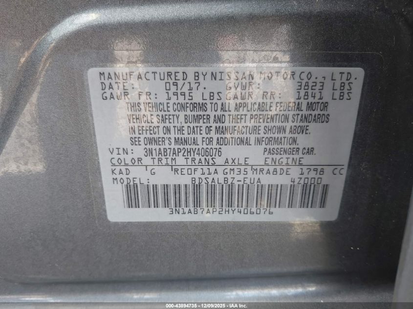 2017 Nissan Sentra S VIN: 3N1AB7AP2HY406076 Lot: 43894735