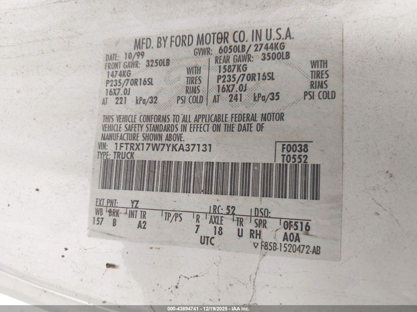 2000 Ford F-150 Lariat/Work Series/Xl/Xlt VIN: 1FTRX17W7YKA37131 Lot: 43894741