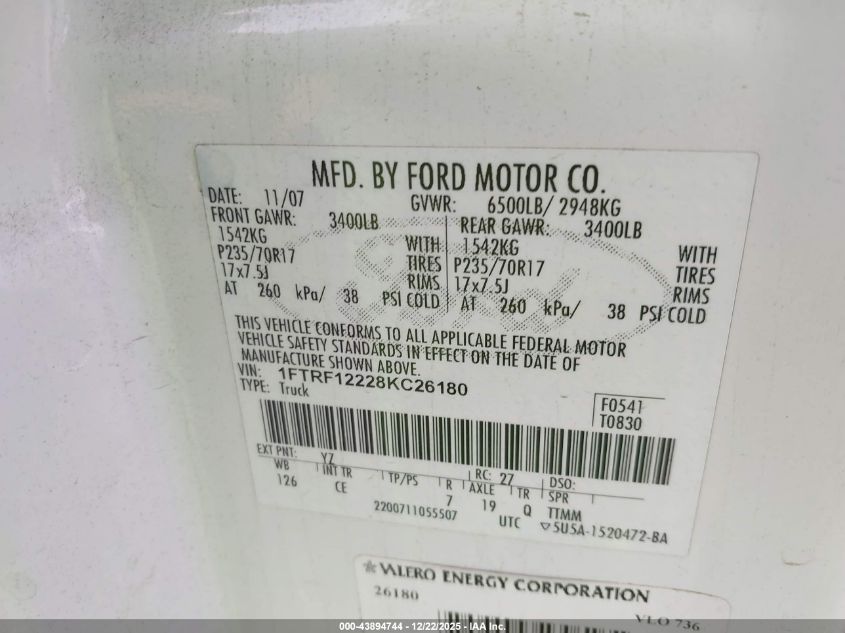 2008 Ford F-150 Stx/Xl/Xlt VIN: 1FTRF12228KC26180 Lot: 43894744