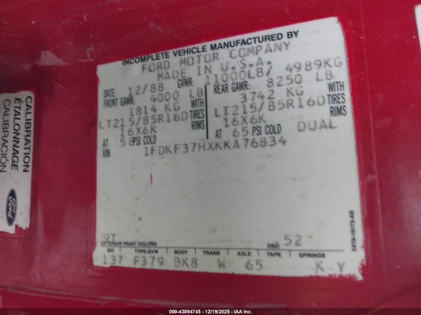 1989 Ford F350 VIN: 1FDKF37HXKKA76834 Lot: 43894745