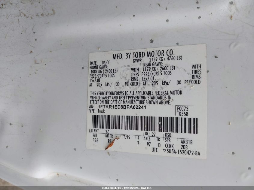 2011 Ford Ranger Xl VIN: 1FTKR1ED8BPA62241 Lot: 43894746