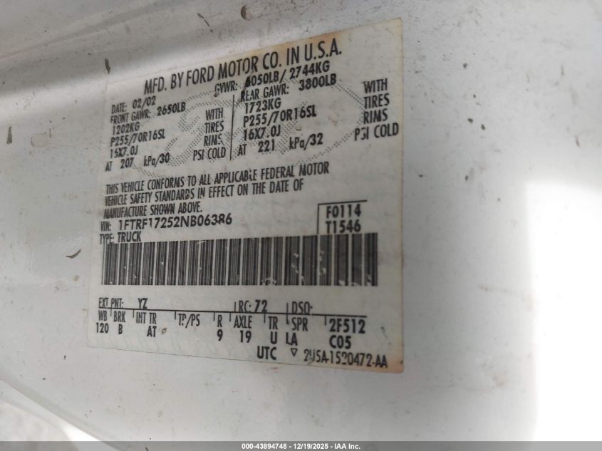 2002 Ford F-150 Xl/Xlt VIN: 1FTRF17252NB06386 Lot: 43894748