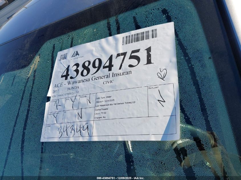 2017 Honda Civic Ex-L VIN: 19XFC1F78HE211753 Lot: 43894751