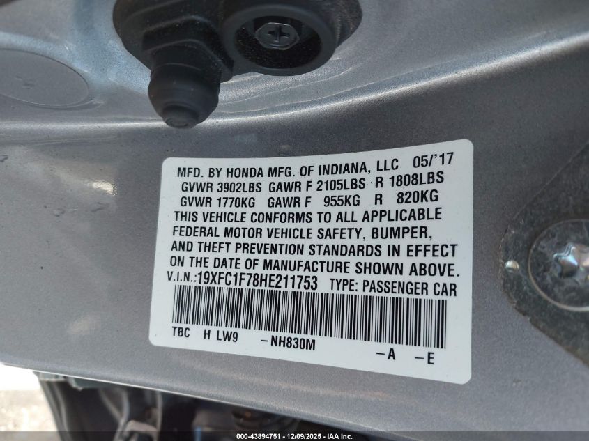 2017 Honda Civic Ex-L VIN: 19XFC1F78HE211753 Lot: 43894751