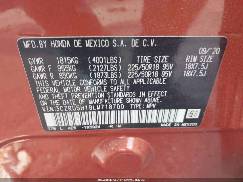 2020 Honda Hr-V 2Wd Sport VIN: 3CZRU5H19LM718700 Lot: 43894754