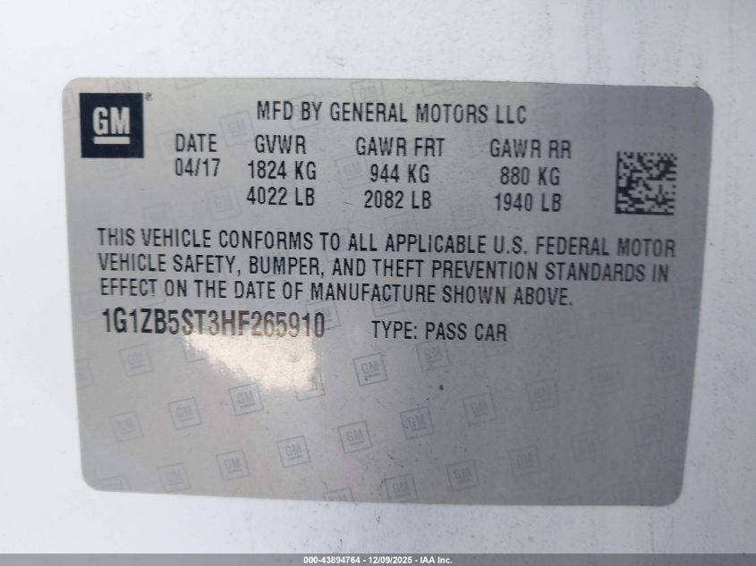 2017 Chevrolet Malibu Ls VIN: 1G1ZB5ST3HF265910 Lot: 43894764
