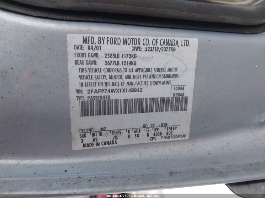 2001 Ford Crown Victoria Lx VIN: 2FAFP74WX1X148842 Lot: 43894777