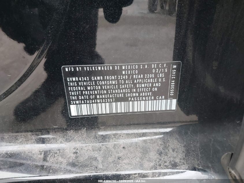 2015 Volkswagen Golf Sportwagen Tdi Se 4-Door VIN: 3VWFA7AU4FM502997 Lot: 43894780