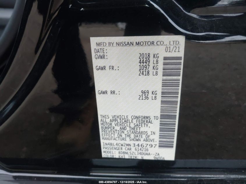 2021 Nissan Altima Sr Intelligent Awd VIN: 1N4BL4CW2MN346797 Lot: 43894787