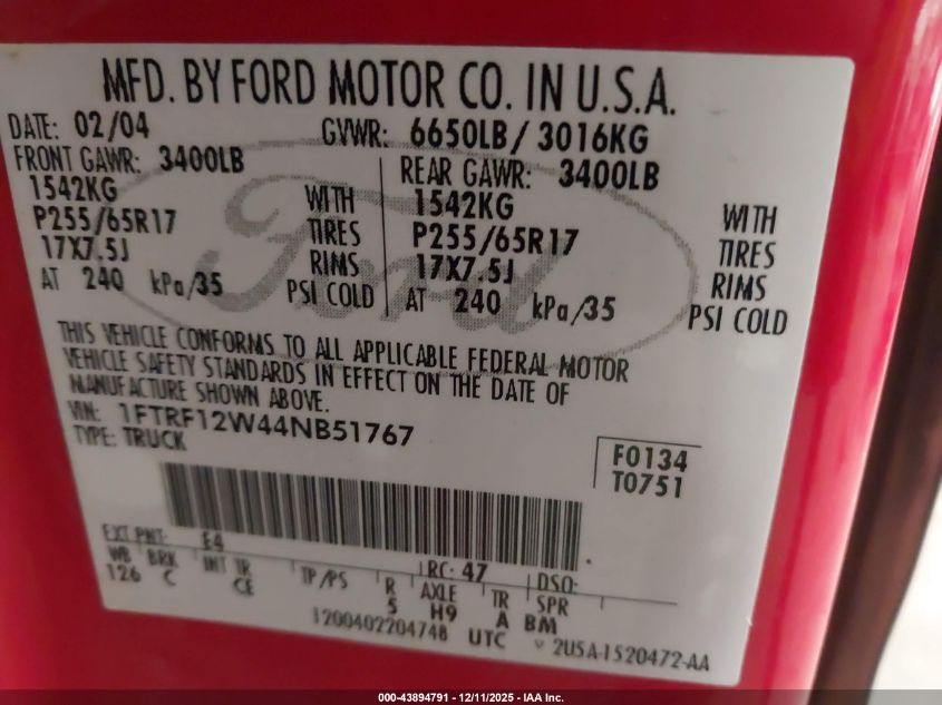 2004 Ford F-150 Xl/Xlt VIN: 1FTPF12594NA90527 Lot: 43894791