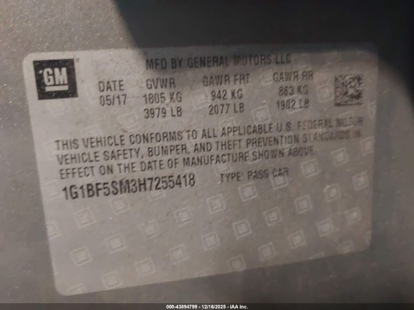 2017 Chevrolet Cruze Premier Auto VIN: 1G1BF5SM3H7255418 Lot: 43894799