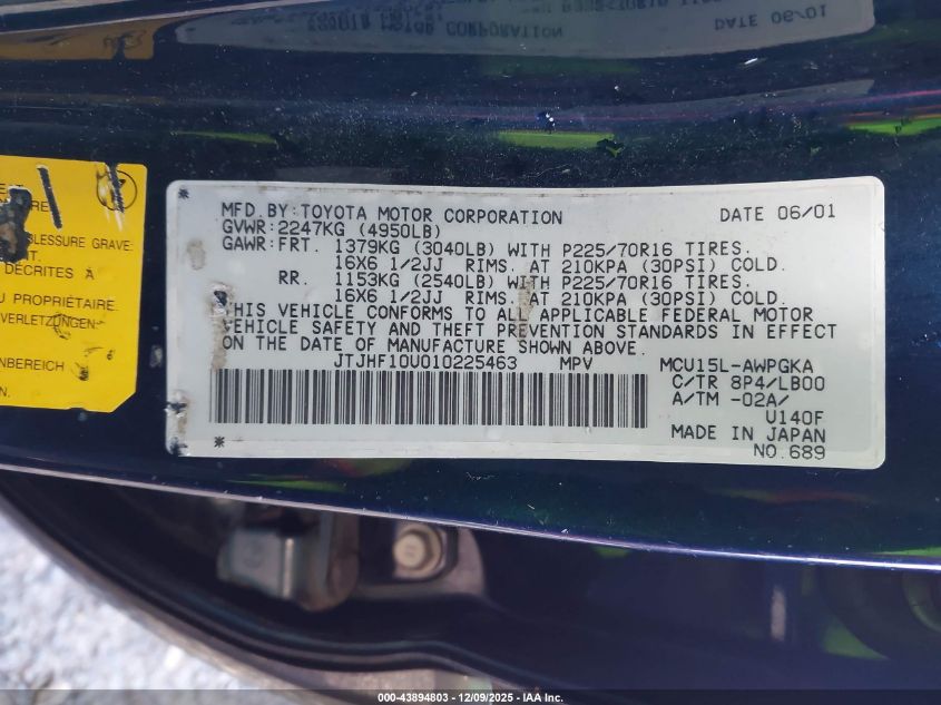 2001 Lexus Rx 300 VIN: JTJHF10U010225463 Lot: 43894803