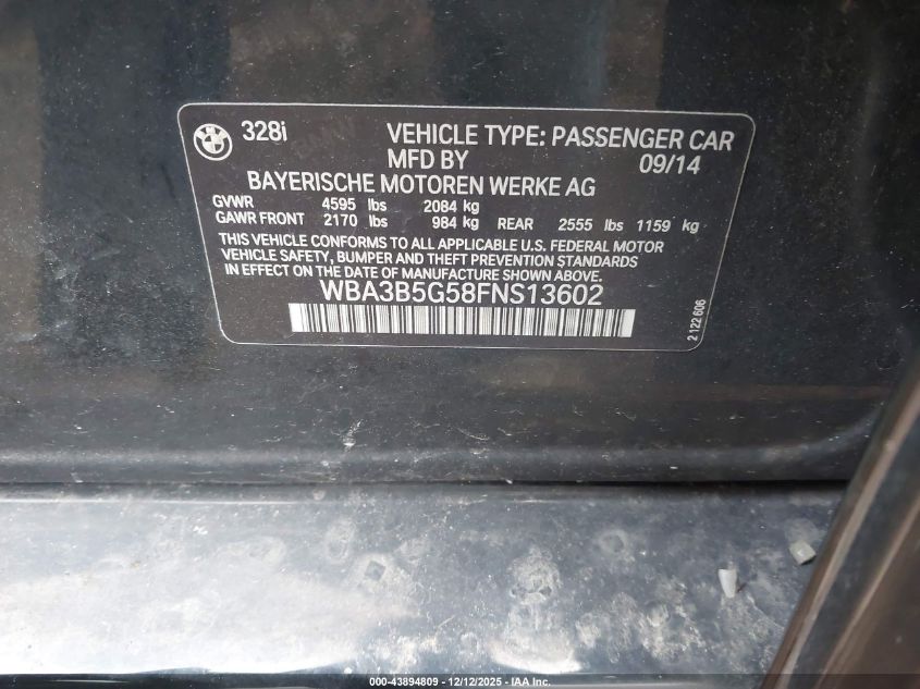 2015 BMW 328I xDrive VIN: WBA3B5G58FNS13602 Lot: 43894809