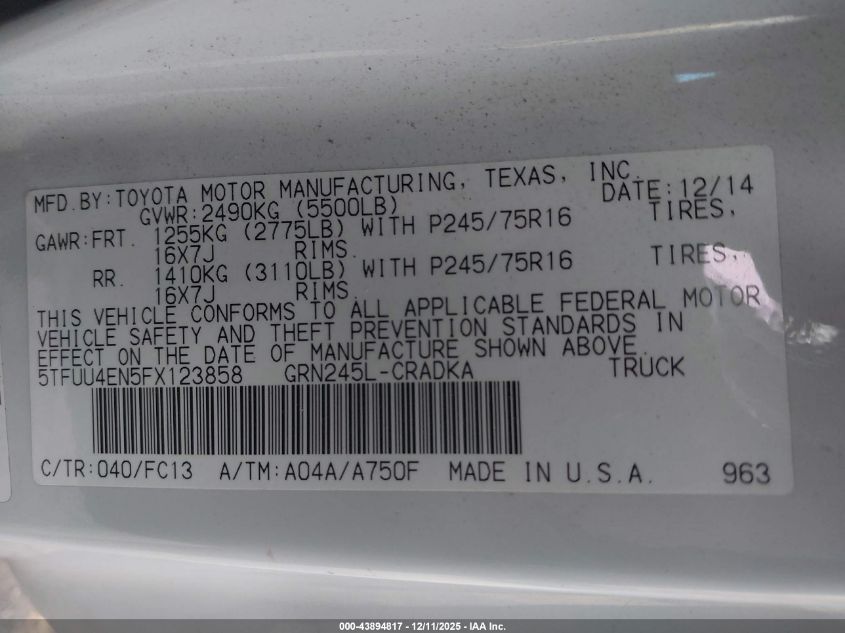 2015 Toyota Tacoma Base V6 VIN: 5TFUU4EN5FX123858 Lot: 43894817
