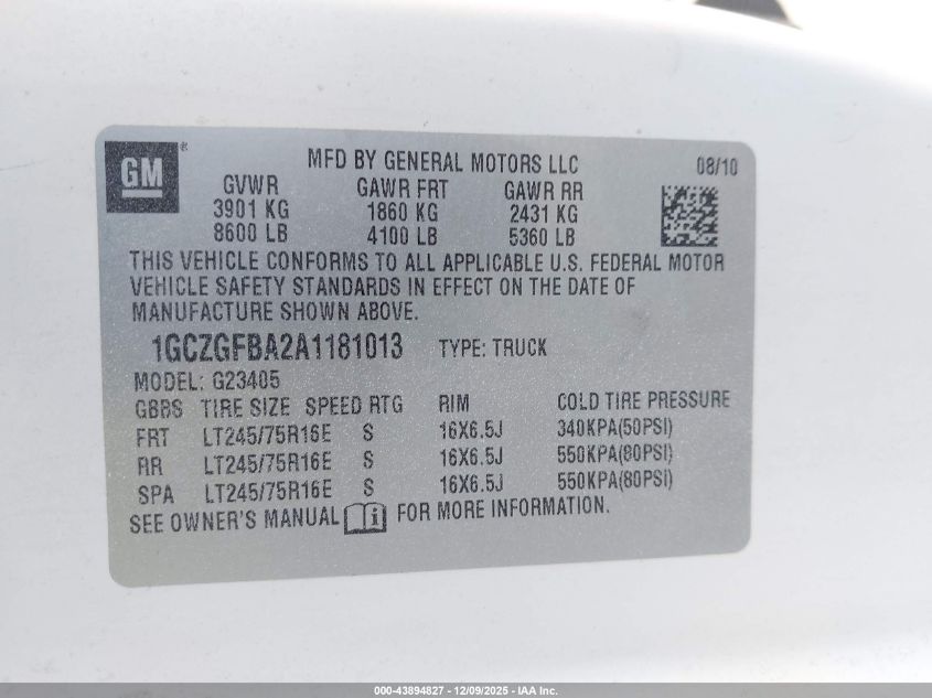 2010 Chevrolet Express 2500 Work Van VIN: 1GCZGFBA2A1181013 Lot: 43894827