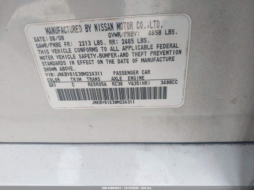 2008 Infiniti G35 Journey VIN: JNKBV61E38M224311 Lot: 43894833
